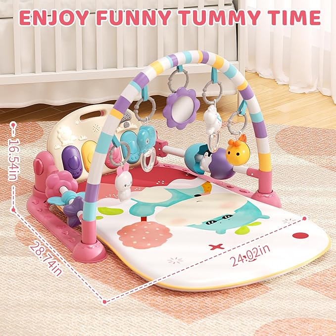 Baby Gym With Kick and Play Piano - Activity Mat for Tummy Time With 5 Infant Learning Sensory, Music and Lights for Newborn Boy or Girl (Pink)