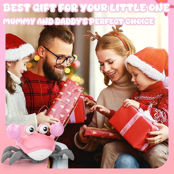 Crawling Crab Baby Toy, Tummy Time Girl Gifts for Babies 3-6 6-12 Month, Light-Up Walking Dancing Moving Crab with Music & Obstacle Avoidance, Rechargeable Musical Toys 1 Year Old Girls Gift (Pink)