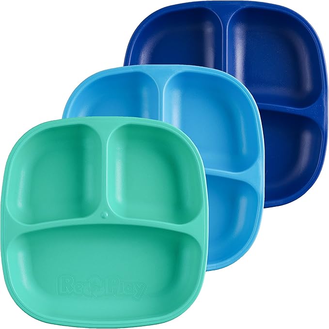 Re-Play Toddler Plates with Dividers - Deep-Walled 3 Compartments Divided Plates for Kids - Dishwasher & Microwave Safe - Made in USA - Set of 3-7.37" x 7.37" x 1.25" - A True Blue