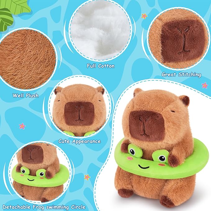 Achwishap Capybara Stuffed Animal,Soft Capybara Plush,Cute Plushies Kawaii Capybara Plush Toys,10” Plush Stuffed Toy with Frog Swimming Circle Plushie Birthday Gifts for Kids Adults