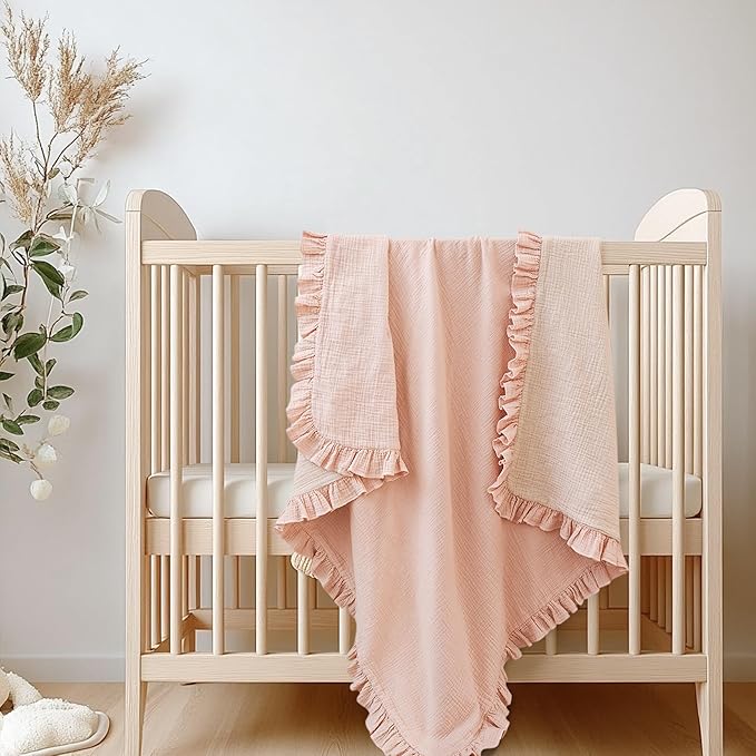 Konssy Flounce Muslin Baby Blankets, Cotton Crib Blanket for Baby Infant Toddler, Super Soft and Lightweight Nursery Blankets 40"x36" (Pink)