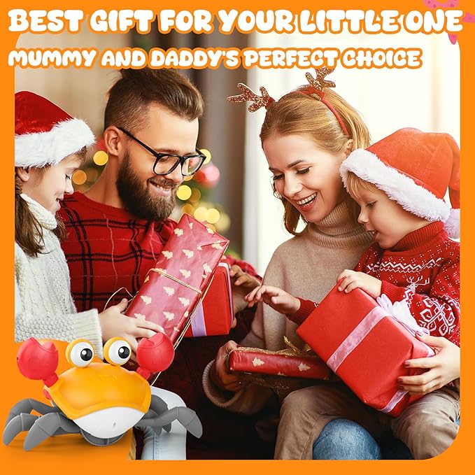 Crawling Crab Baby Toy, Upgraded Tummy Time Gifts for Newborn Babies 3-6 6-12 Month, Light-Up Walking Dancing Moving Crab with Music & Obstacle Avoidance, Rechargeable Sensory Development Toy (Orange)