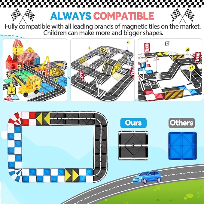 Magnetic Tiles Road Set & Racing Track Expansion Pack, Magnetic Blocks Building Toys for 3+ Year Old Boys Girls, STEM Magnetic Toys Magnetic Tiles for Toddlers 3-5 4-8