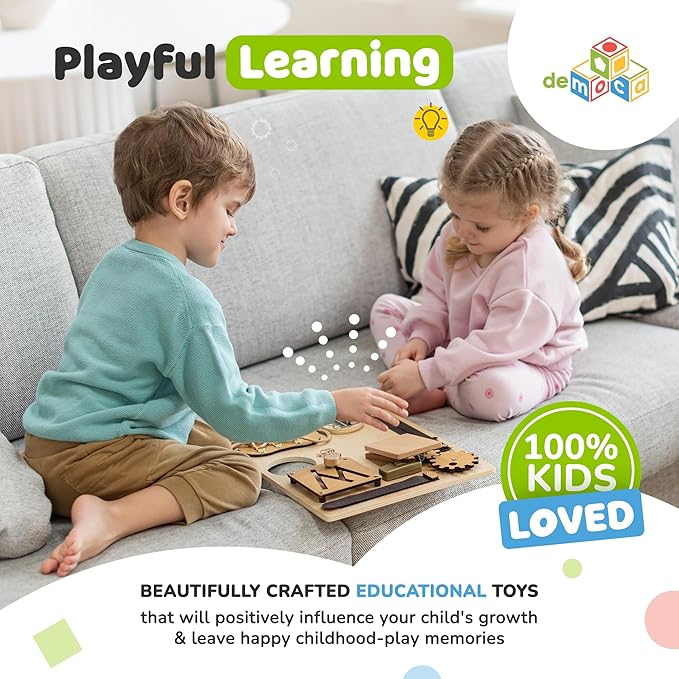 deMoca Sensory Busy Board for Toddlers, Premium Wooden Toddler Busy Board for 1 2 3 Year Old with 10 Educational Activities for Fine Motor Skills, Fidget Activity Toy for Travel Toy (Nature - Large)