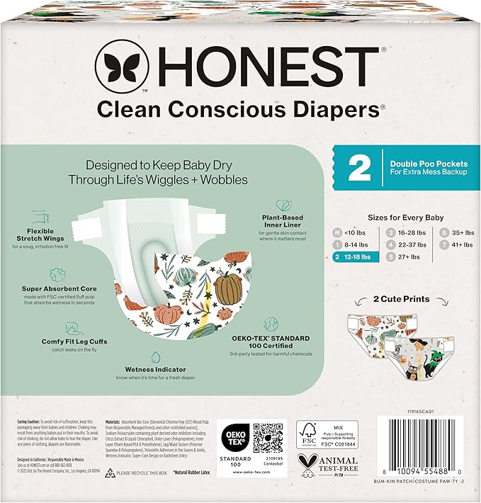 The Honest Company Clean Conscious Diapers for Delicate Skin | Up to 100% Leakproof | Hypoallergenic, Fragrance Free | Fall '25 Limited Edition Prints | Club Box, Size 2 (12-18 lbs), 72 Count