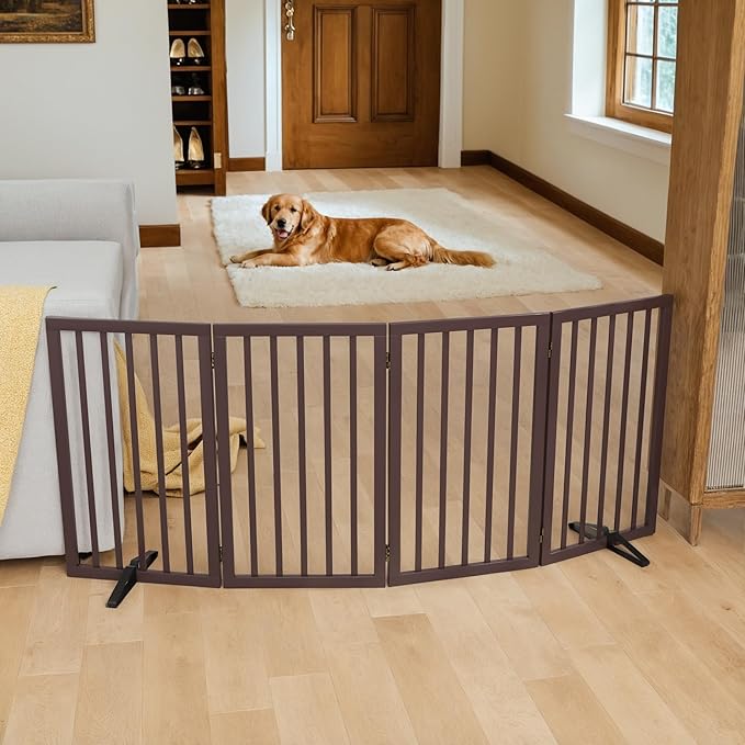 Dog Gate for Doorways 32" Tall Freestanding Dog Gate for Stair Foldable Pet Gate for Dogs Indoor (Brown,4 Panel)