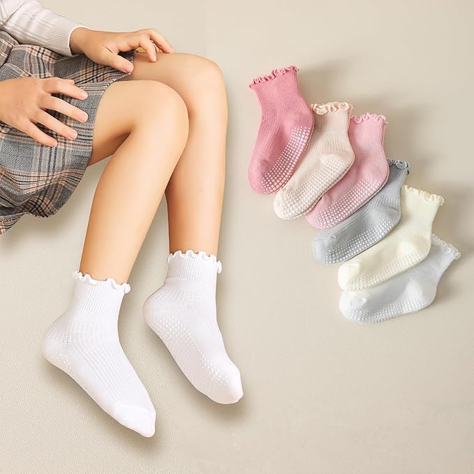 6 Pairs Toddler Ruffle Socks for Girls Baby Grip Socks Non Slip Socks Cute Grippy Frilly