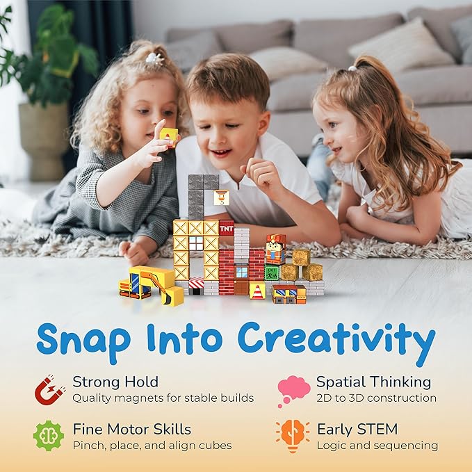 49PCS Mini Magnetic Blocks Construction Set – STEM Building Toys for Toddlers, Travel Magnet Cubes with Portable Iron Box, Creative 3D Construction Play for Kids Ages 3–8, Boys & Girls