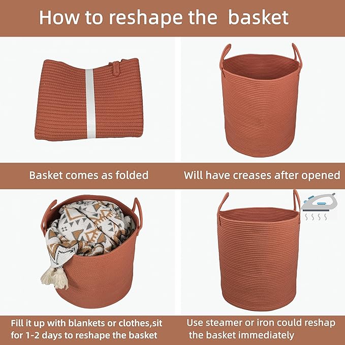 Cotton Rope Laundry Basket Hamper for Clothes Woven Storage Basket for Living Room Bedroom Boho Tall Rope Baskets for Blanket Toys Pillow Towels Baby Nursery Hamper Bin Large rustic