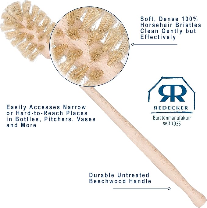 REDECKER Bottle Brush Cleaner - Horsehair and Beechwood Handle for Vases, Pitchers, Mugs, and Baby Bottles, 13-3/4 Inch - Horsehair Bottle Brush - Wooden Bottle Brush - Wood Bottle Scrubber