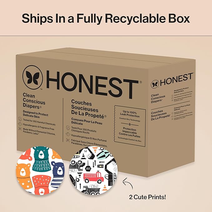 The Honest Company Clean Conscious Diapers for Sensitive Skin, Up to 100% Leakproof Hypoallergenic Fragrance-Free Baby Diapers, Gender Neutral Prints, Super Club Box, Size 6 (35+ lbs), 68 Count
