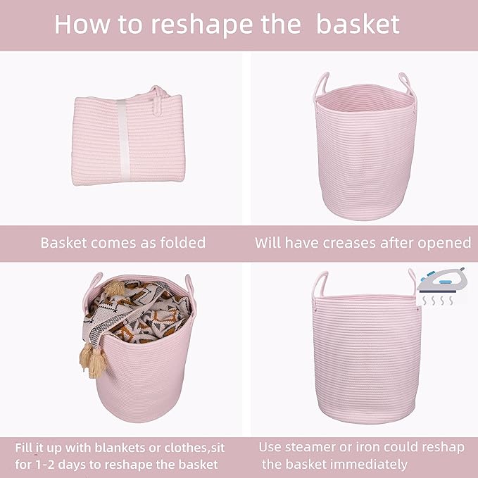 Cotton Rope Laundry Basket Hamper for Clothes Woven Storage Basket for Living Room Bedroom Boho Tall Rope Baskets for Blanket Toys Pillow Towels Baby Nursery Hamper Bin Large light pink