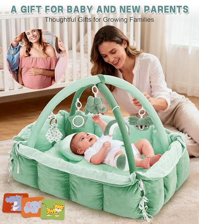 5-in-1 Baby Play Gym and Tummy Time Mat, Tummy Time Pillow & 12 Learning Cards, Plush Activity Mat with 6 Toys, Baby Gym, Convertible to Ball Pit & Pet Bed, Baby Gift, Sage Green