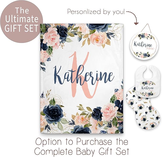 Girls Love A Monogram - Personalzied Custom Navy and Blush Floral Baby Blankets for Girls with Name Shower Gift (Navy & Blush, 30 X 40 Baby)