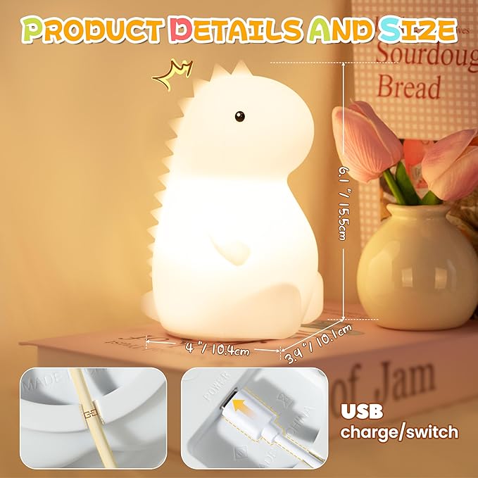Night Light for Kids, Rechargeable Dimmable Silicone LED Nightlight with 7 Colors, Baby Nursery Night Lamp, Touch Squishy Lamp, Cute Gifts for Girls, Boys, Toddler Room Decor, Dinosaur