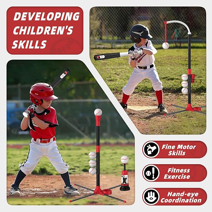 4 in 1 T-Ball Sets for Kids 3-5 with Toss and Catch Ball, Toddler Baseball with Auto Pitching Machine/6 Balls, Outdoor Sport Toys Gifts for Boys Girls