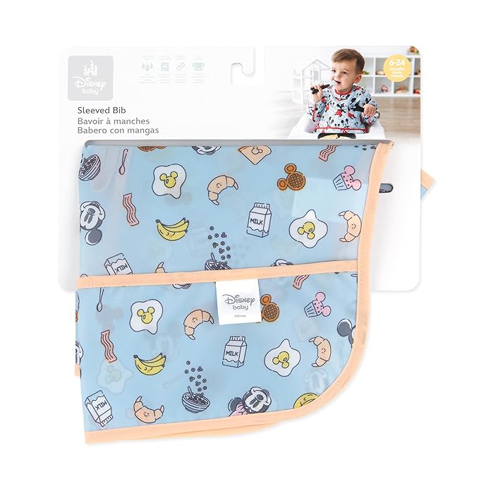 Bumkins Disney Sleeved Bib for Girl or Boy, Baby and Toddler for 6-24 Mos, Essential Must Have for Eating, Feeding, Baby Led Weaning Supplies, Long Sleeve Mess Saving Food Catcher, Mickey and Minnie