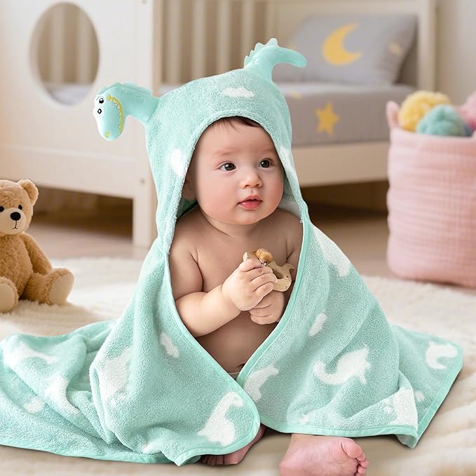 VOOVA & MOVAS Thick Baby Hooded Bath Towel - 100% Cotton,400GSM, 30.5x36 Inches,0-2Years, Super Absorbent Large Towel with Cute Dino Hood for Newborn, Baby, Infant, Baby Essentials,Dino