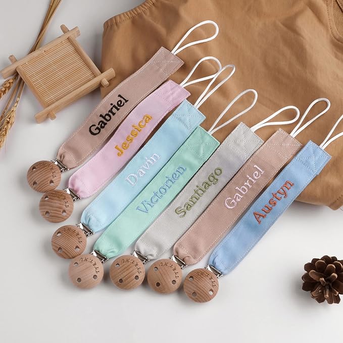 TYRY.HU Personalized Pacifier Clip with Name, Embroidery Ribbon Pacifier Holder for Baby Girls and Boys, Neutral Pacifier Leash Universally Fit All Pacifiers & Baby Toys, 2 Pack Baby Gift(Pink, Green)
