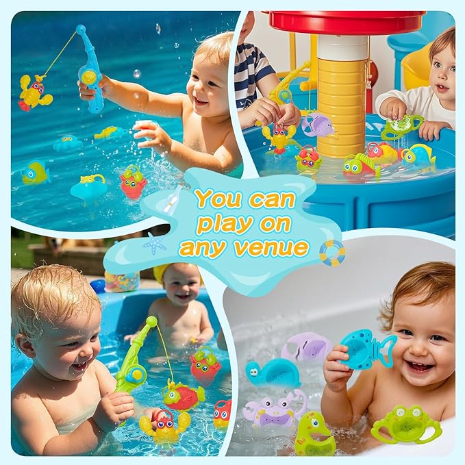 Toddler Bath Toys for Kids, 26PCS Mold Free Bath Toys with Hook-Type Fishing Rod Net Floating Sea Animals and Storage Bag, Bathtub Water Table Pool Toys for Toddlers and Babies