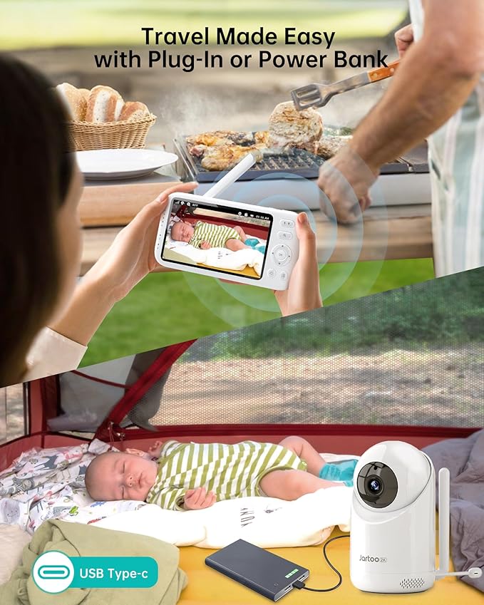 Jartoo 2K Video Baby Monitor with 2 Cameras and Audio, 1860ft Long Range Baby Monitor No WiFi, 5.5" Split Display, VOX - AI Cry Detect, ANR, IR Night Vision, 2-Way Audio, 6000mAh