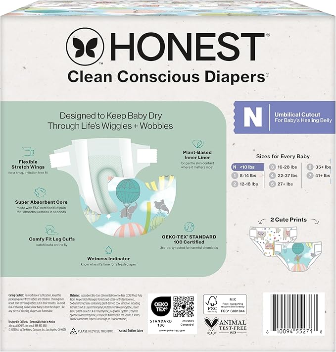 The Honest Company Clean Conscious Diapers for Delicate Skin, Up to 100% Leakproof Hypoallergenic Fragrance-Free Baby Diapers, Gender Neutral Prints, Club Box, Size Newborn, 72 Count (Prints May Vary)