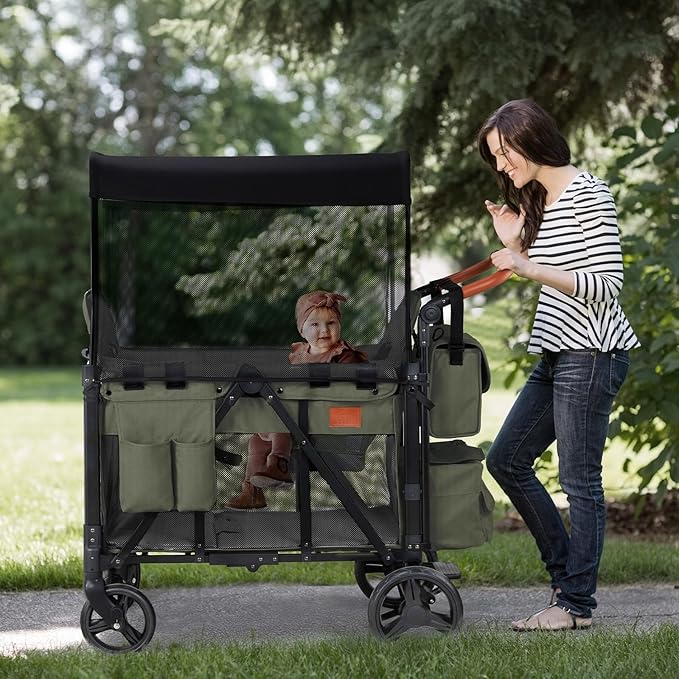 Wagon Stroller for 2 Kids, High Seat & 5 Point Harness, Foldable All-Terrain Wagon for Toddler with Canopy, Parent Organizer, Shoulder Bag, Adjustable Handlebar, Ultimate Double (Green)