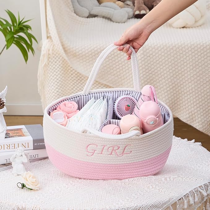 DUHEL Diaper Caddy Organizer with Handle,Baby Basket use for Diaper Organizer and Storage,Baby Girl Newborn Essentials,3 Compartments-Cotton rope Material Storage for Home or Travel. (White&Pink)