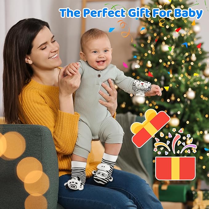 Baby Socks & Wrist Rattles Toys for 0-12 Month,Black And White High Contrast Baby Toys 0-6 Months,Baby Boy Girl Gifts 0-3 3-6month Toy,2 3 4 Month Old Baby Toys,Infant Sensory Newborn Toys