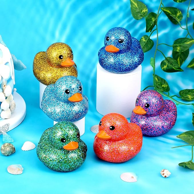 Deekin 6 Pcs 3.54 Inch Glitter Rubber Duck Assortment Toy Duckies Bulk Squeak Rubber Duckies for Kid Baby Bath Shower Pool Classroom Summer Beach Activity