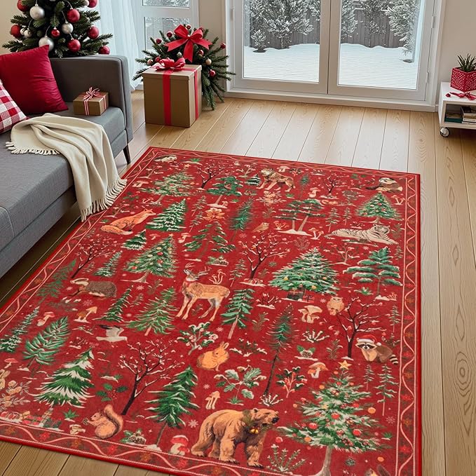 OJIA Christmas Rugs 5x7 Washable Rugs for Living Room, Xmas Red Holiday Rug Soft Animal Bedroom Carpet Ultra-Thin Entryway Rug, Non-Slip Throw Carpet for Kids Nursery Playroom Dining Room