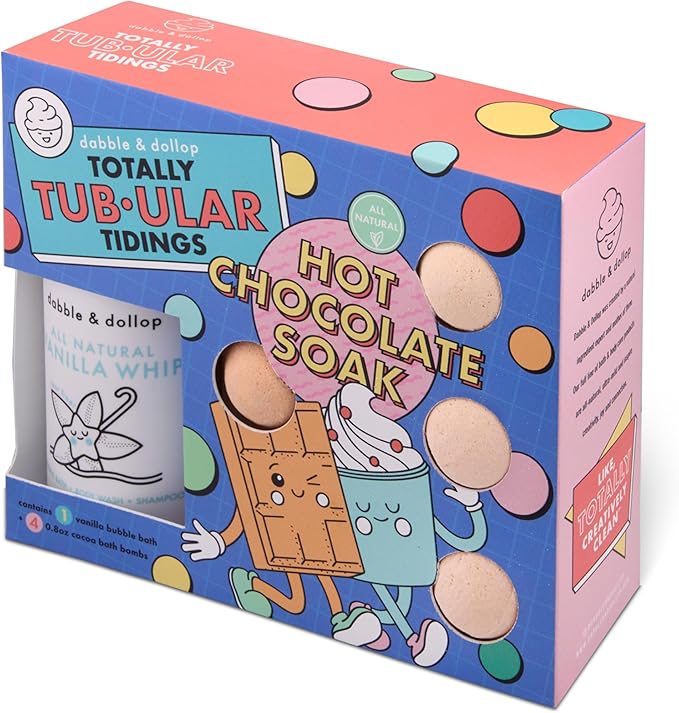 Dabble & Dollop Totally Tub-ular Tidings Hot Chocolate Soak - Holiday Bath Gift Set with 4 All-Natural Cocoa Bath Bombs and Vanilla Whip 3-in-1 Bubble Bath, Body Wash & Shampoo