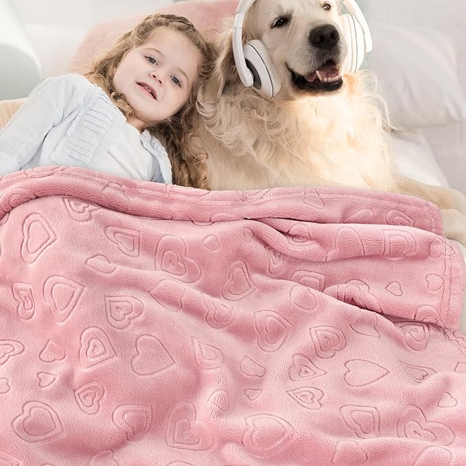 BORITAR Baby Blanket with Heart Design for Girls Ultra Soft Fleece Warm and Lightweight Blankets for Infant Toddler Newborn, 30x40 Inch, Blush Pink