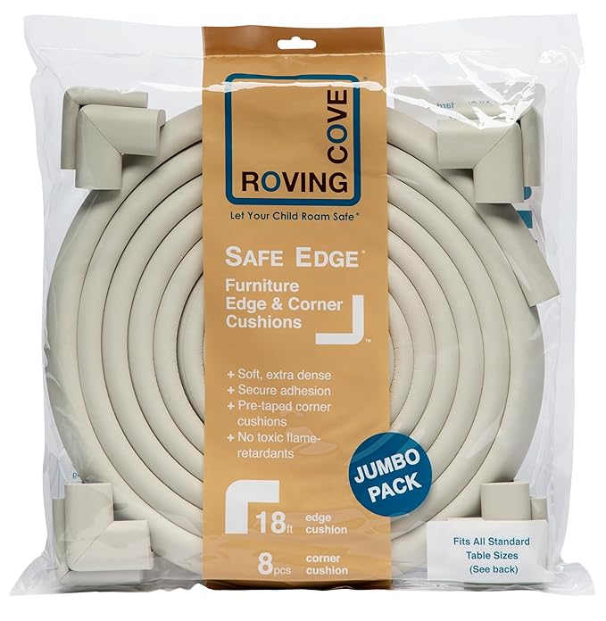 Roving Cove HeftyFit Edge Corner Protector Baby Proofing (Large 18ft Edge 8 Corners), Heavy-Duty, Soft NBR Rubber Foam, Furniture Fireplace Safety Bumper Guard, 3M Adhesive, Oyster White (Off White)