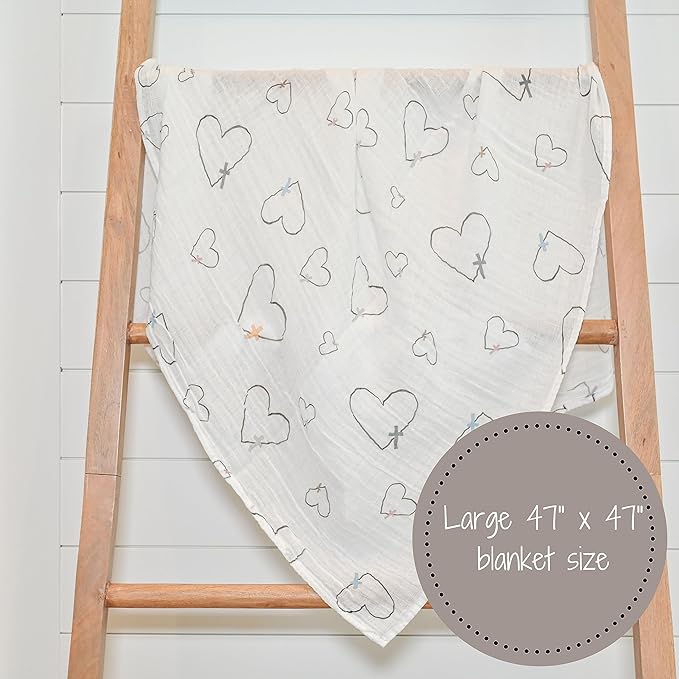 LollyBanks Baby Swaddle Blanket, 100% Cotton Muslin Blankets for Boys and Girls, Large 47 x 47 Inches Soft and Breathable Swaddles for Newborns, Cozy Baby Receiving Blankets, Registry (Heart Print)