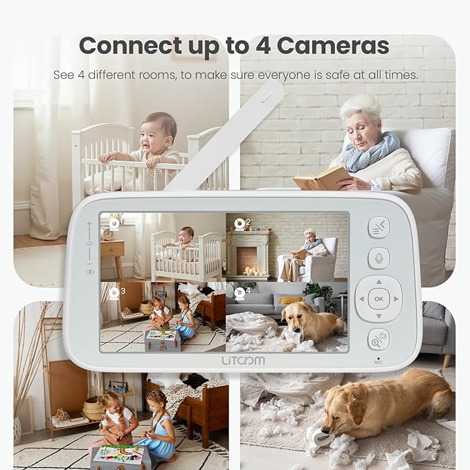 litokam 4MP Baby Monitor with Camera and Audio, 5-inch 1080P Split-Screen, No WiFi & 5G/2.4G WiFi, Remote Pan-Tilt-Zoom, Night Vision, VOX, Temperature Sensor, 2-Way Talk, 7 Lullabies, 1000ft Range