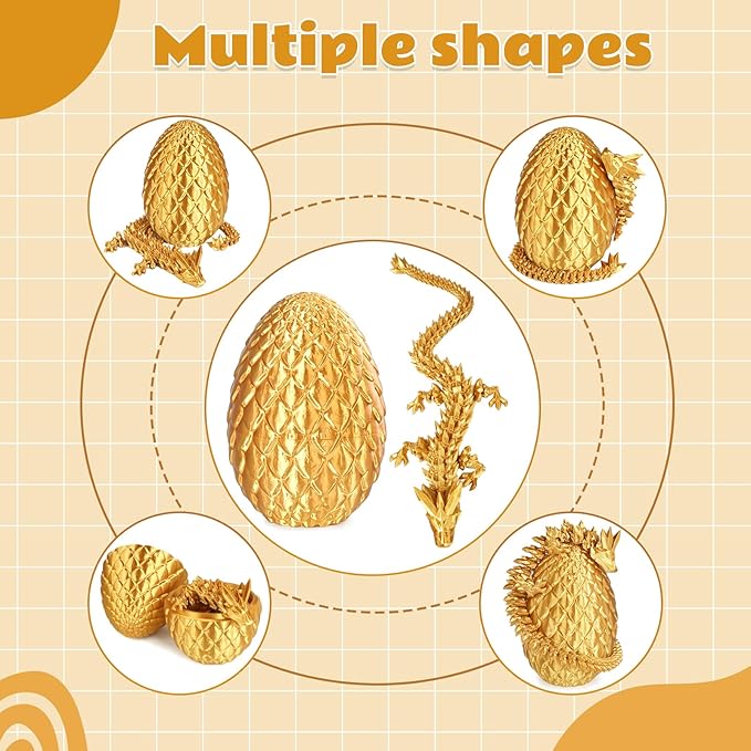 Dragon Eggs with Dragon Inside, 3D Printed Surprise Funny Gifts for Kids, Articulated Dragon Fidget Toys for Adults, Executive Desk Toys Office Room Décor (Gold, M-Size)