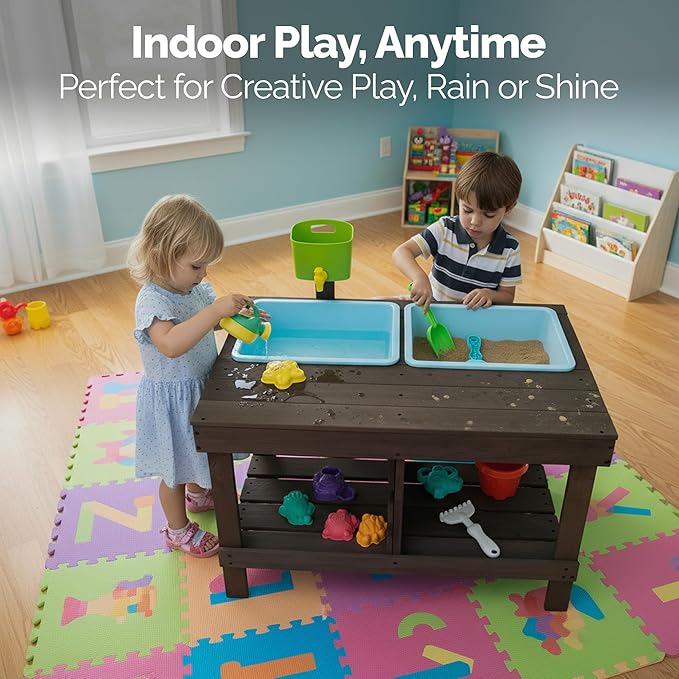 WONKAWOO Sand and Water Table for Toddlers | Outdoor Wooden Sensory Sand Table with 2 Plastic Bins, Built-in Water Tap and Beach Toys Included | Sand & Splash Oasis™ Standing Play Activity Table