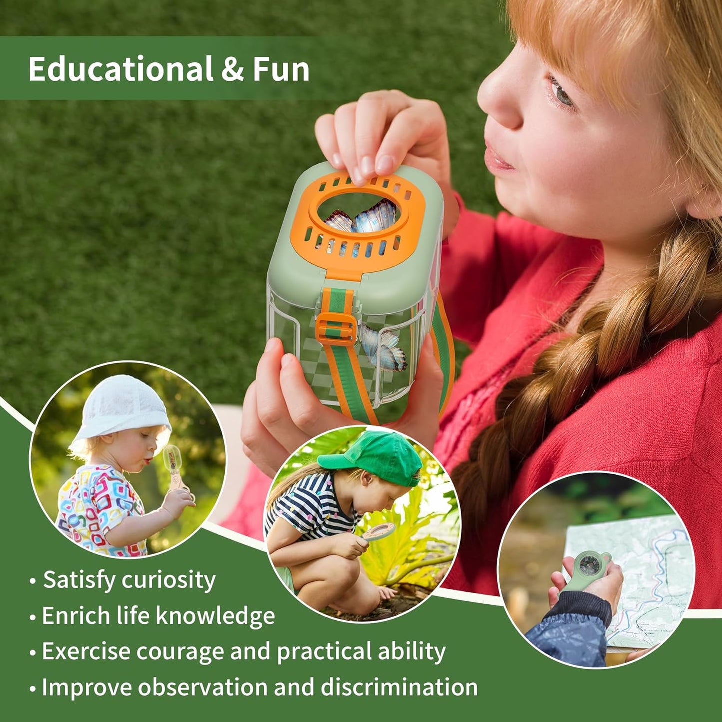 Bug Catcher for Kids Explorer Bug Catching Kit,Magnifying Glass, Tweezers, Whistle & Compass, Learning Guide, Insect Habitat, Outdoor Toys(3 Year +) (Kids Bug Catcher Set)