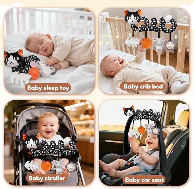 Baby Carseat Toy Black & White Rattle Spiral Hanging Activity Stroller Toy for Newborns Boys and Girls - Cat