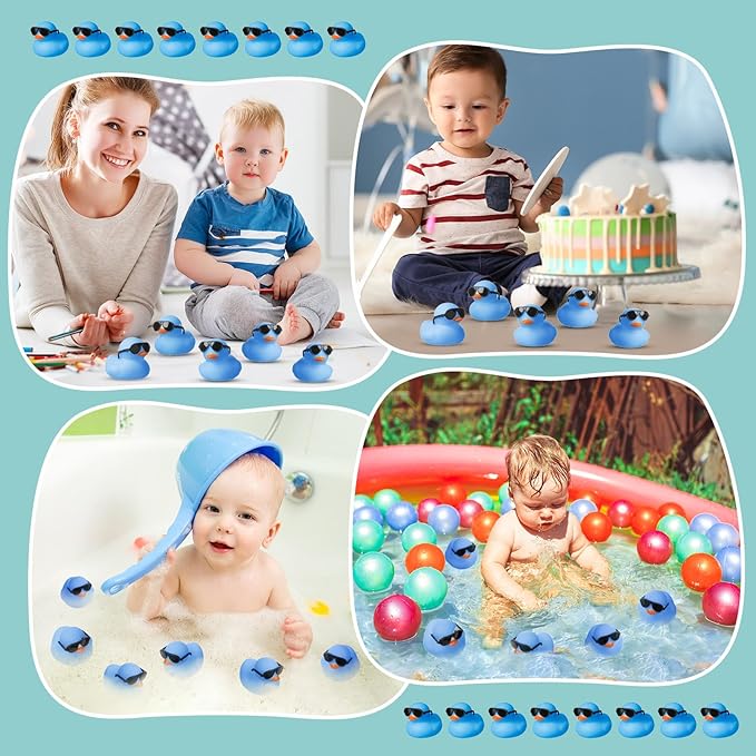 Meooeck 60 Pcs Glow in The Dark Mini Rubber Ducks with Sunglasses 2.2 Inch Squeaky Floating Bath Toys for Shower Kids Party,Blue