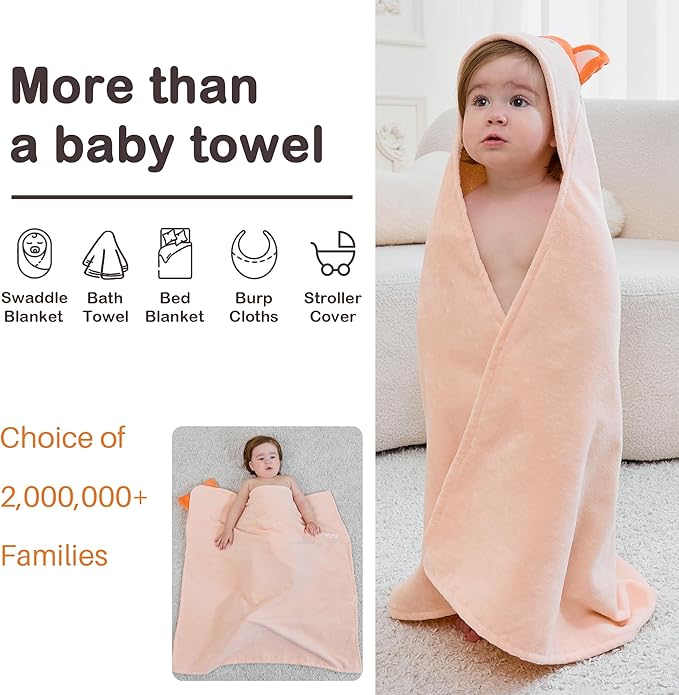 Viviland 2 Pack Hooded Baby Towels, Soft 100% Cotton Baby Bath Towels with Hood, Extra Thick and Absorbent, Essential for Newborns, Kids, Infants - Girls and Boys (Fox & Rabbit)