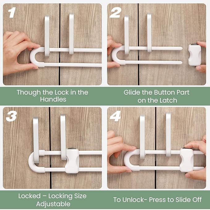 Jetec 10 Pieces Cabinet Locks for Babies, U-Shaped Proofing Drawers Safety Child Locks Adjustable, Easy to Use Childproof Latch for Knob Handle on Kitchen Door Storage Cupboard Closet (White, Black)