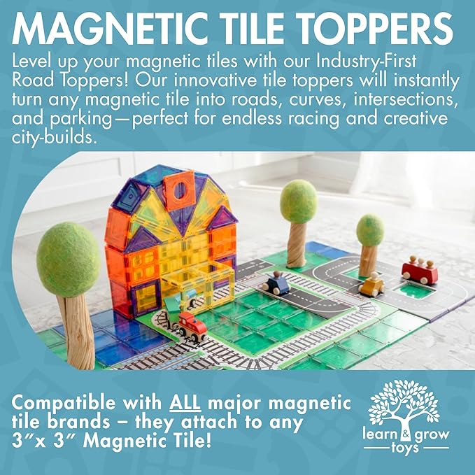 Learn & Grow Magnetic Tiles Road Toppers Set - 40PCs Road Expansion Pack (Tiles not Included), Magnet Car Play Accessories, STEM Building Toy - Construction Toys for Toddlers & Kids Age 3+