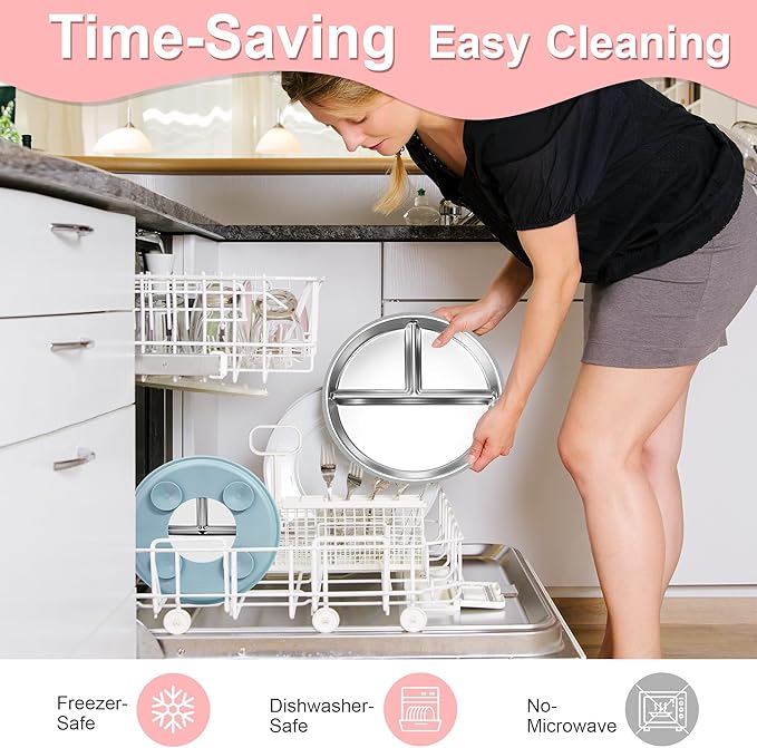 Bella's Friends Stainless Steel Toddler Plates Silicone Suction,3 Packs Non-Slip Baby Plates,Divided Portion,Food-Grade Silicone Plate for Kids,LEAD-FREE Dishwasher Safe, Green Blue Gray