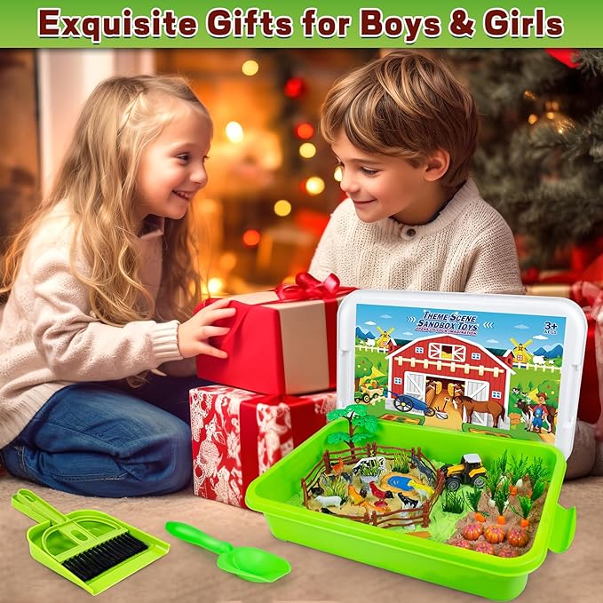 Sensory Bins Farm Animals Toys for Toddlers,Sensory Toys Play Sand Art Kit with Sandbox & Farm Animals & Tractor Playset,Indoor Outdoor Beach Toys for Boys Girls 3 4 5 6 7 Christmas Birthday Gift