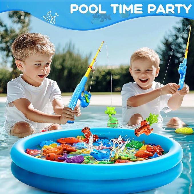 Magnetic Fishing Pool Toys Game for Kids Toddlers 3-5 4-8, Fishing Water Table Bathtub Toy with Inflatable Pool Pole Rod Net Plastic Floating Fish, Water Bath Pool Outdoor Toys for Kids Toddlers Baby