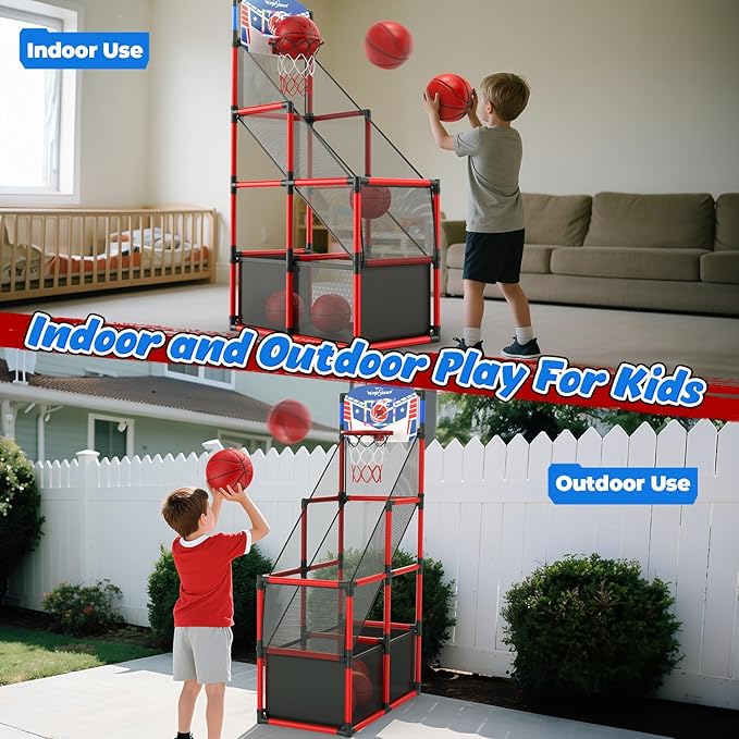 EagleStone Kids Adjustable Arcade Basketball Hoop with LED Lights & Scoreboard, 4 Balls Ball Storage Net, Indoor Outdoor Carnival Basketball Game Set for Boys & Girls Ages 3-12, Pump Included