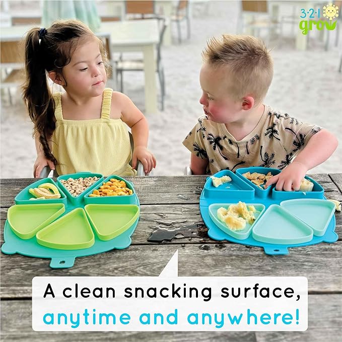 Silicone On-The-Go Snack Mat – Foldable Reusable Placemat with 3 Compartments and Lids – Travel-Friendly Baby and Toddler Snack Plate – Dishwasher Safe (Aqua)