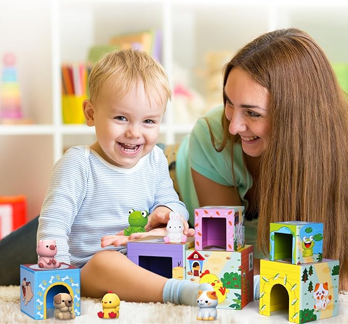 Toddler Farm Animal Sorting and Stacking Toys, Nesting Boxes and Blocks With Finger Puppets - Gifts for 1-3 Year Olds